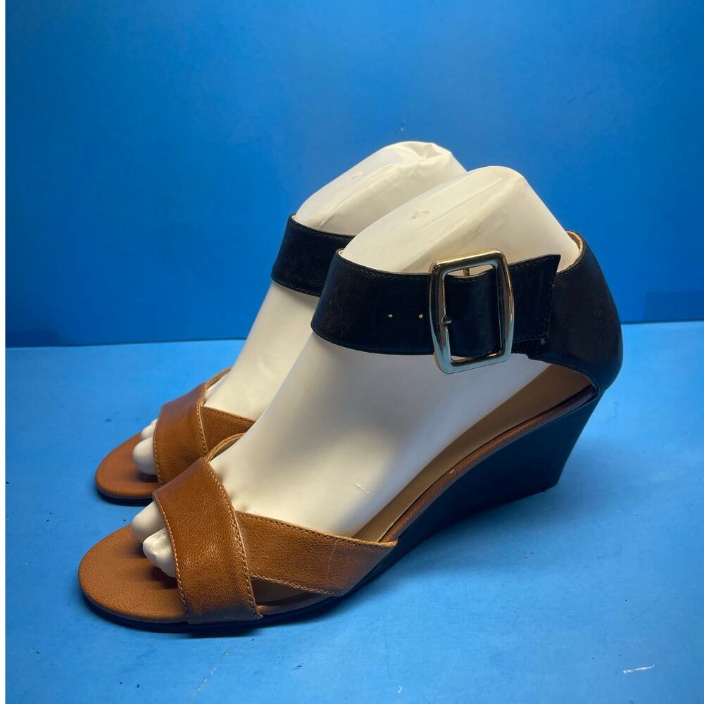 Nine West  Black Brown Ankle Strap Wedge Sandals Women's Size 7.5 M